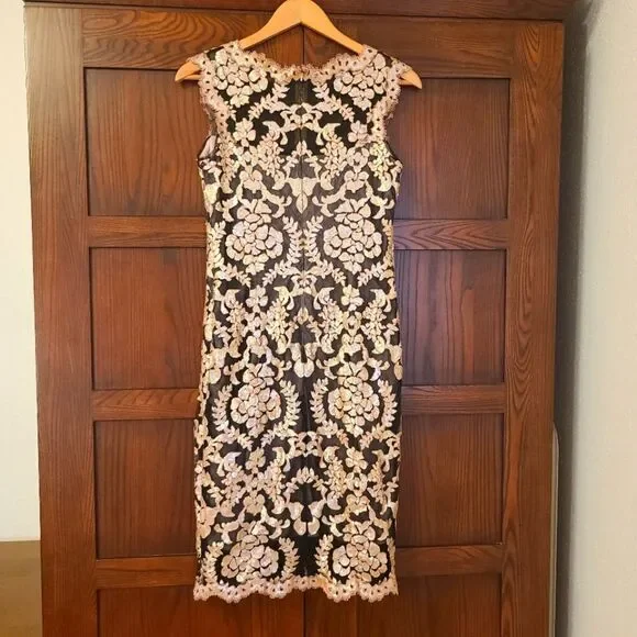 Tadashi Shoji Antique Pink Illusion Sequin Paillette Embroidered Lace Dress - Picture 14 of 15